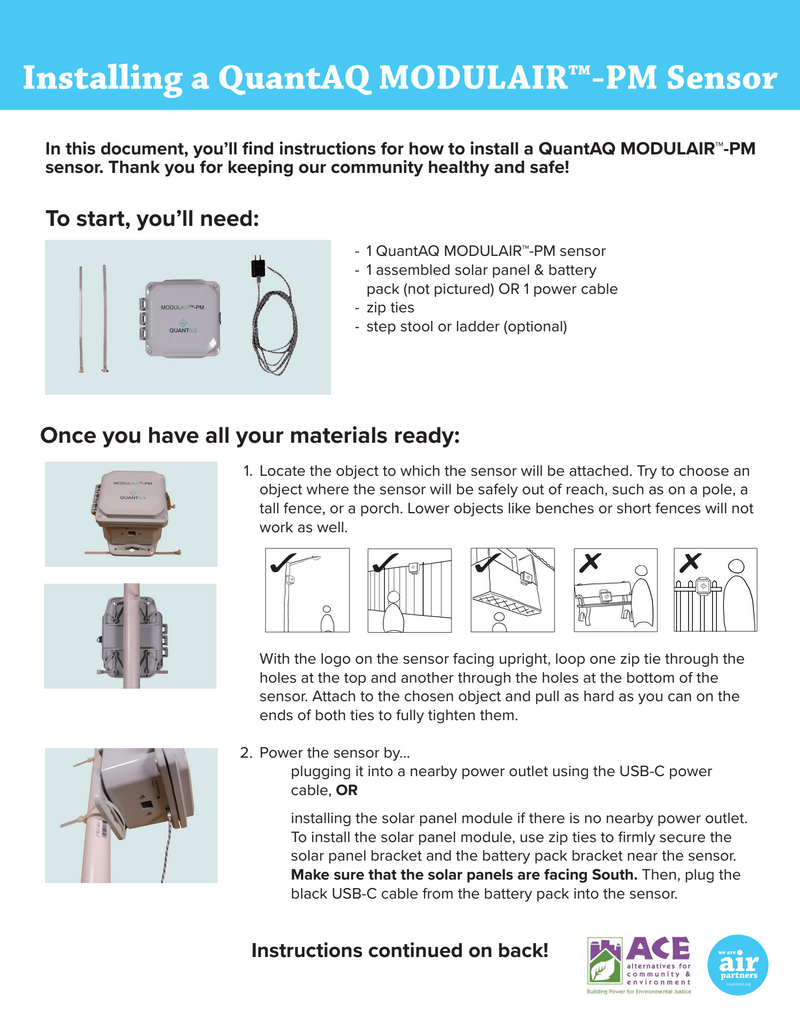 Image of the Air Partners air quality sensor installation instructions sheet