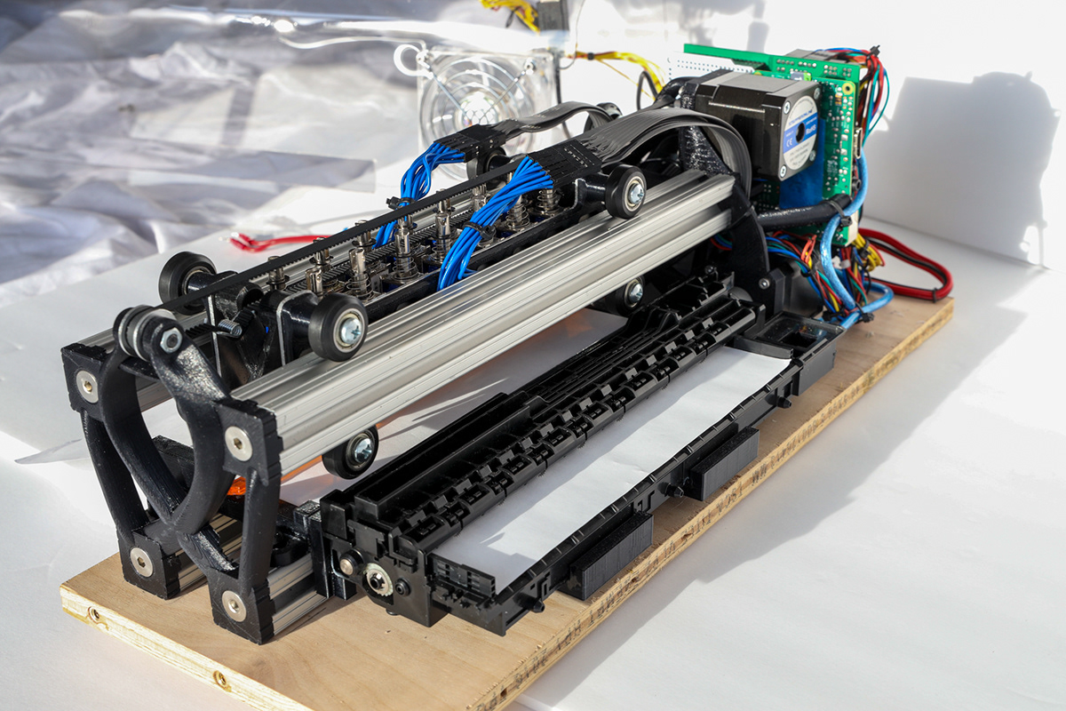 Picture of the inside of the Portabraille Printer, with outside enclosure and handles removed