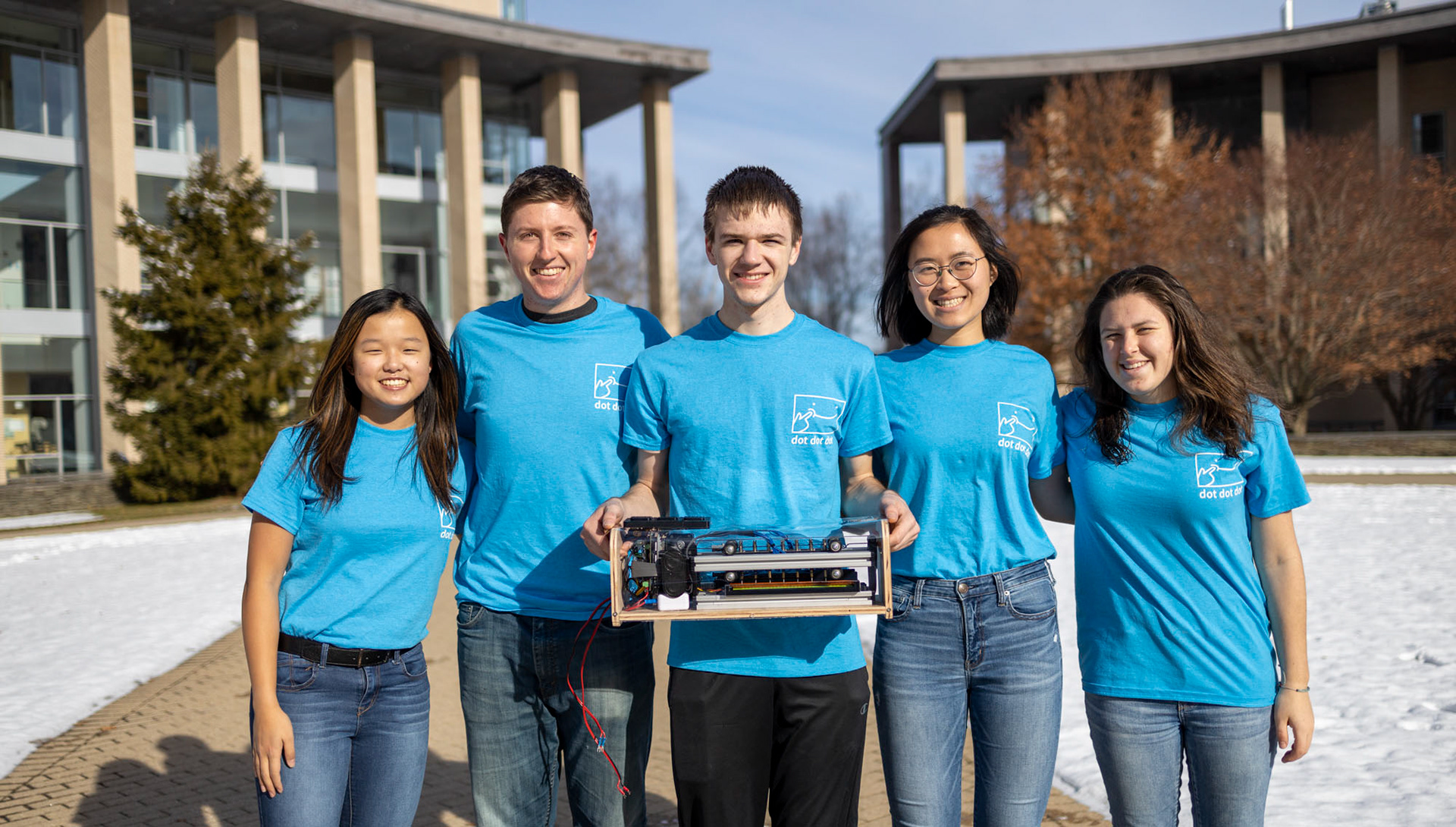 Picture of the Portrabraille Printer team -- from left to right, Meg, Nathan, Colin, Annie, and Maia <3