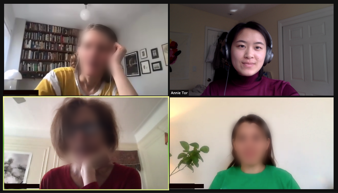 Annie and 3 other collaborators discussing Sewer in a Suitcase over Zoom